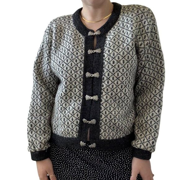 Vintage LL Bean Womens Gray Birdseye Wool Norwegian Nordic Fisherman Cardigan M - Picture 6 of 7